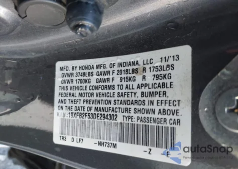 2013 Honda Civic Lx из США, поврежденный, VIN 19XFB2F53DE294302